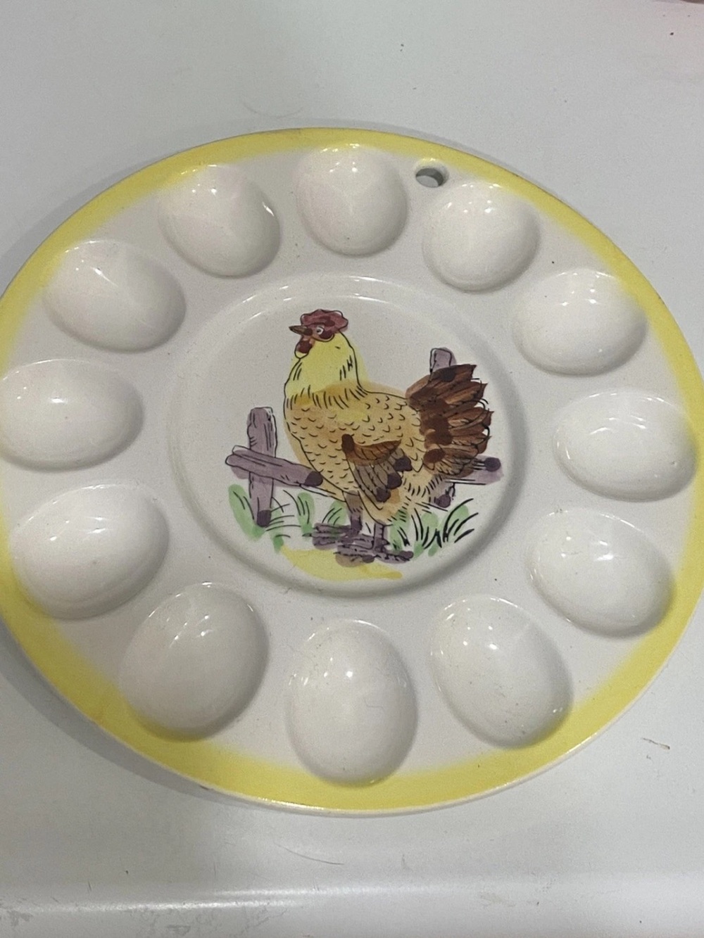 VTG Hand Painted Ceramic Rooster Deviled Egg Platter